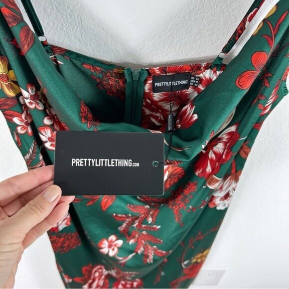 NEW Pretty Little Thing Emerald Green Floral Strappy Satin Cowl Midi Dress - Picture 3 of 9